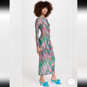 PatBO Wave Printed Tulle Maxi Dress In Green Multi Sz XS